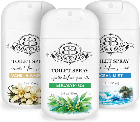Basin & Bliss Toilet Spray – Spritz Before You Sit, 3 Pack Assorted Scents, Ocean Mist, Vanilla Whisper & Eucalyptus, 1 fl oz Each