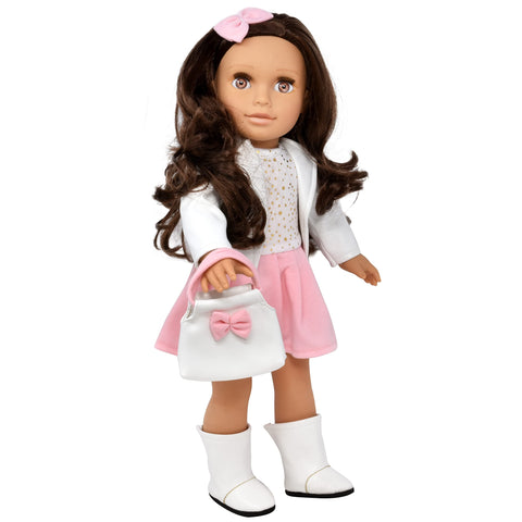 Gift Boutique Elizabeth 18 Inch Girl Fashion Doll – Brown Hair, Brown Eyes, Polka Dot Dress, Leather Jacket & Accessories