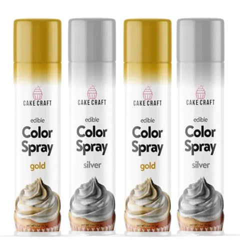 Cake Craft Edible Food Coloring Spray Set | 4 Pack Gold & Silver Cake Decorating Spray | Food Grade Color Spray for Cakes Cupcakes Cookies Fondant Frosting Royal Icing Desserts | 1.5 Oz