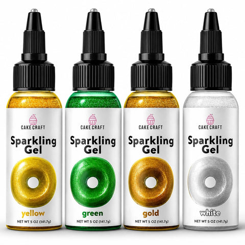 Cake Craft Glitter Gel Icing, 5 Ounce Edible Gold White Yellow Green Sparkle Gel Coloring for Decorations Frosting Piping Food Decorating Cakes Cookies Fondant, 4 Pack