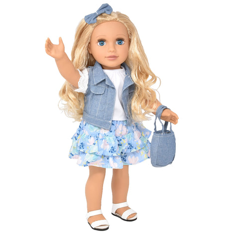 Gift Boutique 18 Inch Girl Fashion Doll – Long Blonde Hair, Blue Eyes, Denim Jacket, Floral Skirt, Boots & Accessories